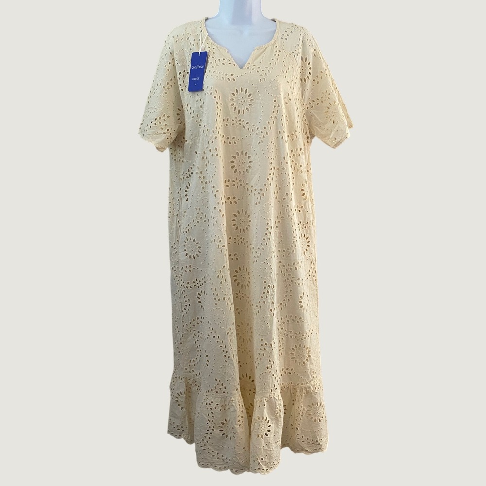NWT Cream Eyelet Lace Dress Large Boho Chic Bohemian Coastal Cowgirl Summer